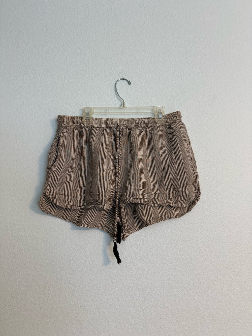 Angie Striped Drawstring Casual Women's Shorts in Taupe